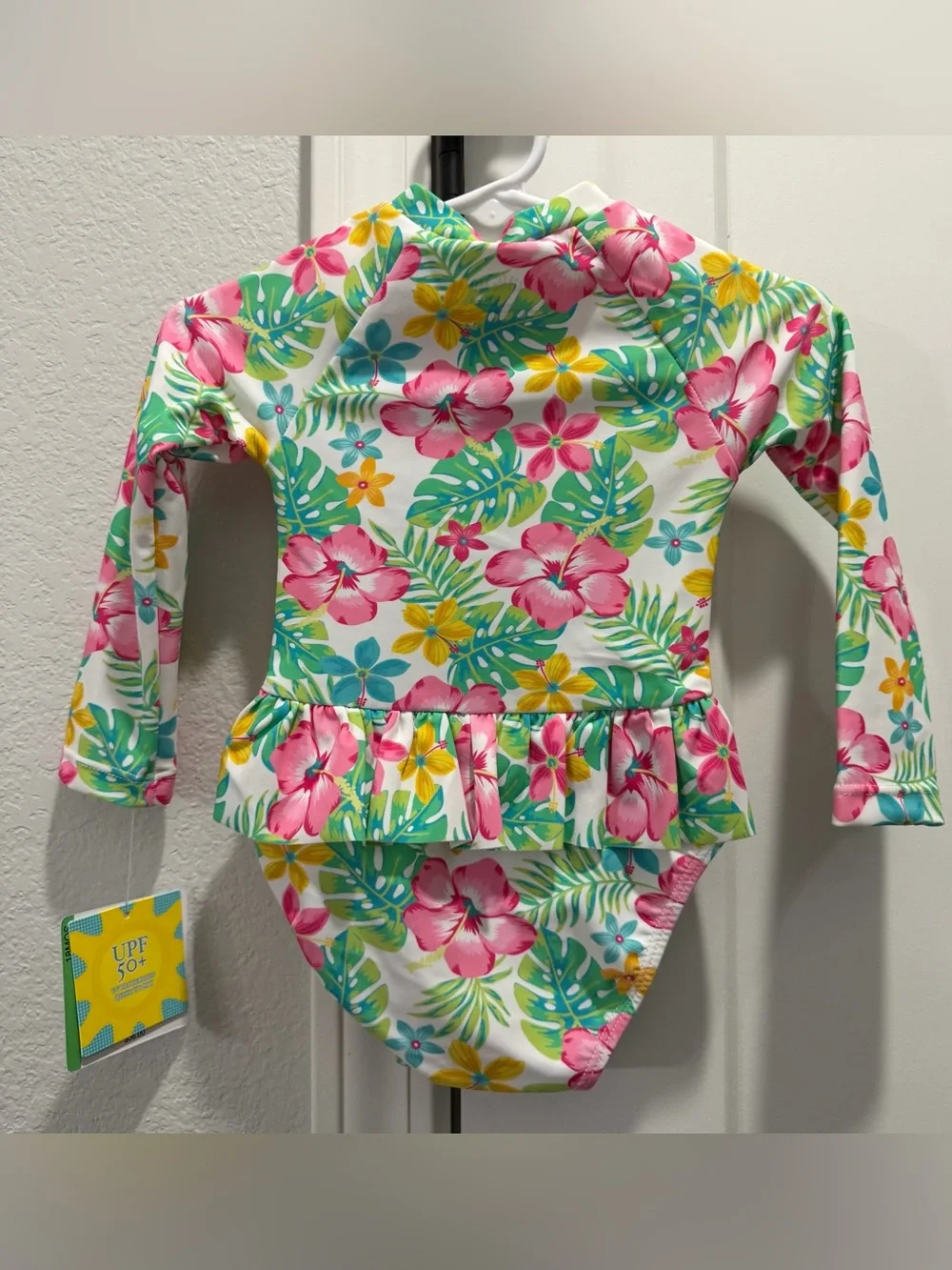 Little Me Pink Green Floral Long Sleeve UPF 50+ One-Piece Zip Snap Swimsuit 18 M